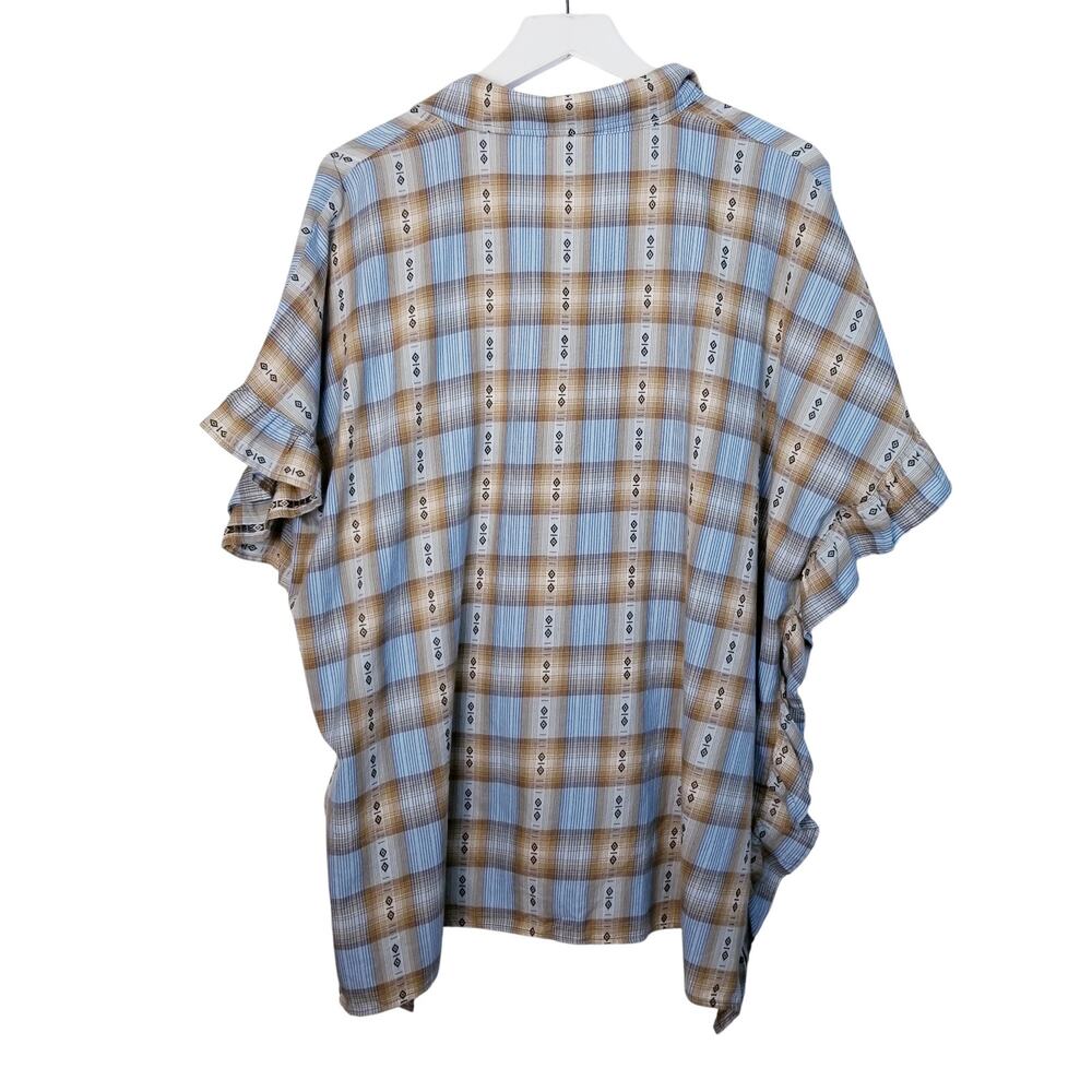 IVY JANE Ruffle Sleeve Oversize Plaid Hi Low Shirt Blue Tan XS - Picture 2 of 6